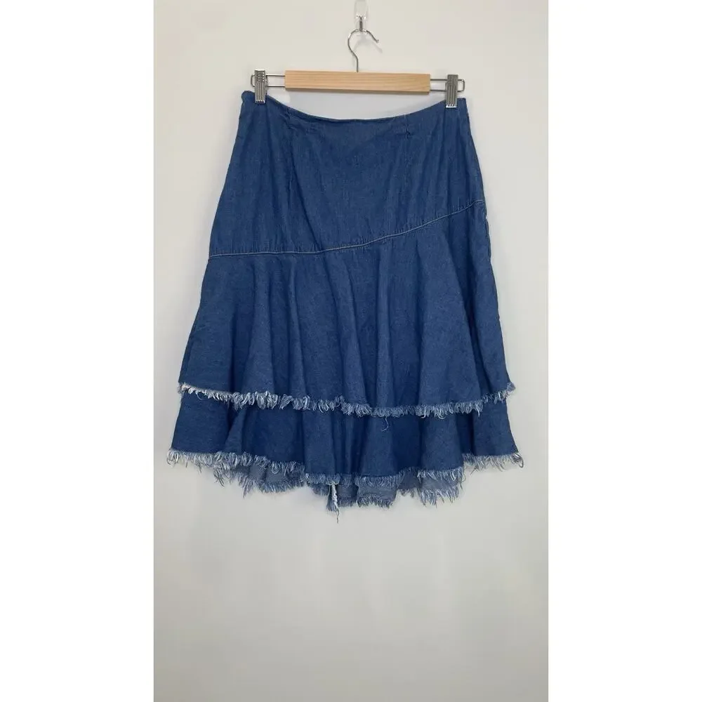BP Y2K Skirt Ruffle Fringe Hem Western Denim Above Knee Cowgirl Boho Blue Size S - Picture 7 of 11